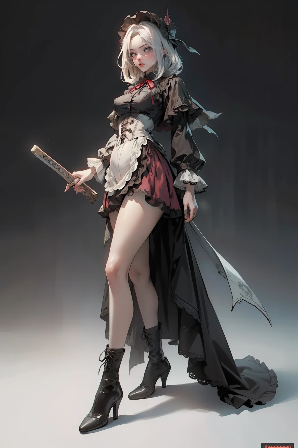 ((best quality)), ((masterpiece)), (detailed), blank white background, plain background, white background, red and white clothing, Bloodborne inspired,  occult aesthetic, occult, detailed and intricate steampunk and detailed gothic, NSFW, Very dramatic and cinematic lighting, cosmic horror, grim-dark, side-lighting, perfect face, NSFW, Fluttering lace flared long knee length dress with frilly petticoats, knee length dress, pleated petticoats, lolita dress, petticoats gothic lolita, complex lace boots, side-lighting, gothic lolita aesthetic, wielding a mighty sword with mechanical components, carbine, NSFW, beautiful small breasts, small breasts, full body, whole body, body, plain background, white background, blank background, no background, white background NSFW, full body, whole body, head-to-toe NSFW