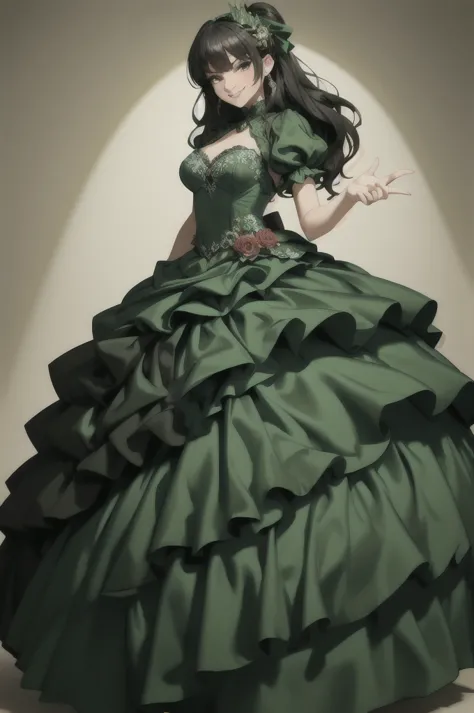 ((Masterpiece, best quality)), edgQuality,smug,smirk,
ballgown, a woman in a green  dress posing for a picture , wearing a ballg...