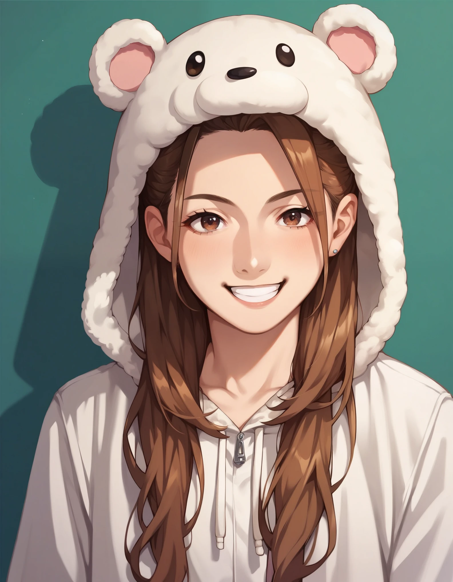 score_9, score_8_up, score_7_up, score_6_up, source_anime, ichihara nina, long hair, brown hair, brown eyes, cosplay, animal costume, smile