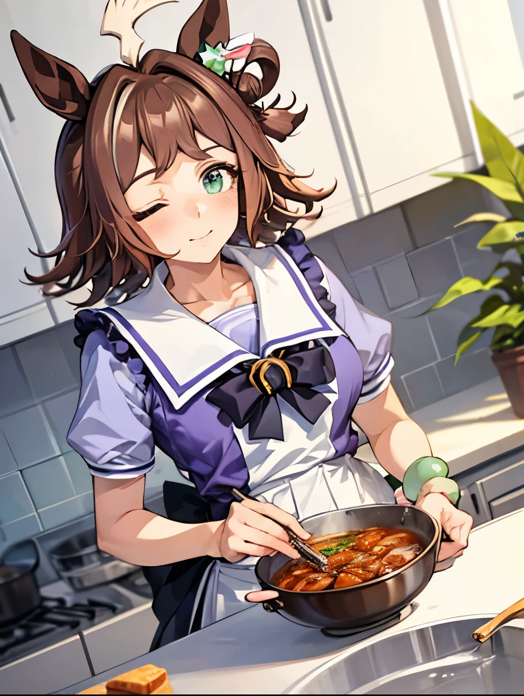 Rhein Kraft \(umamusume\), 1 garota, Sozinho, melhor qualidade, obra de arte, 8K, Alta resolução, Ultra-detalhado, culinária, cozinha, apron, uniforme de verão,