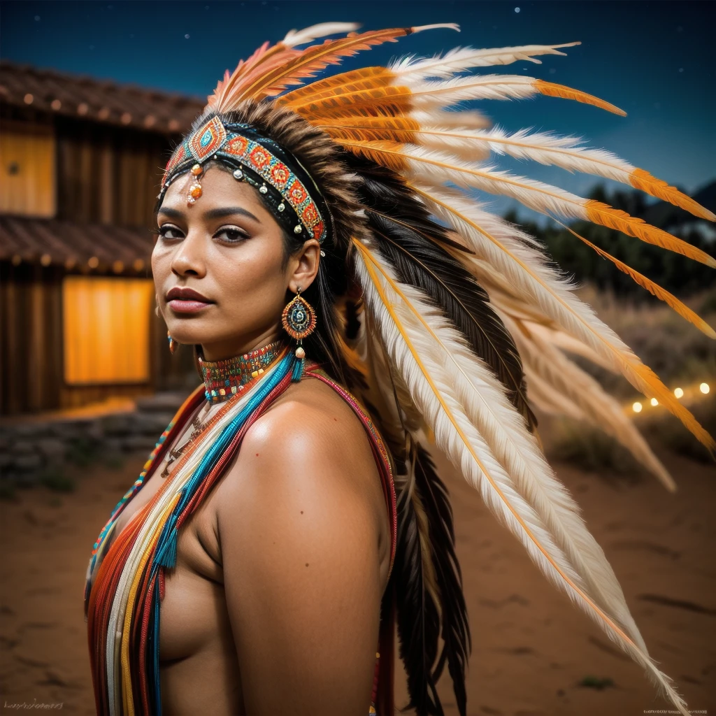 Schöne Cherokee-Indianerin mit wunderschönen terrakottafarbenen Kopfbedeckungen, schwarz, golden, Kupfer, Perle, white and beige, Federn aus leuchtendem Neon in verschiedenen Farben, Fackeln vor der Kamera, bokeh, Vollmondnacht

