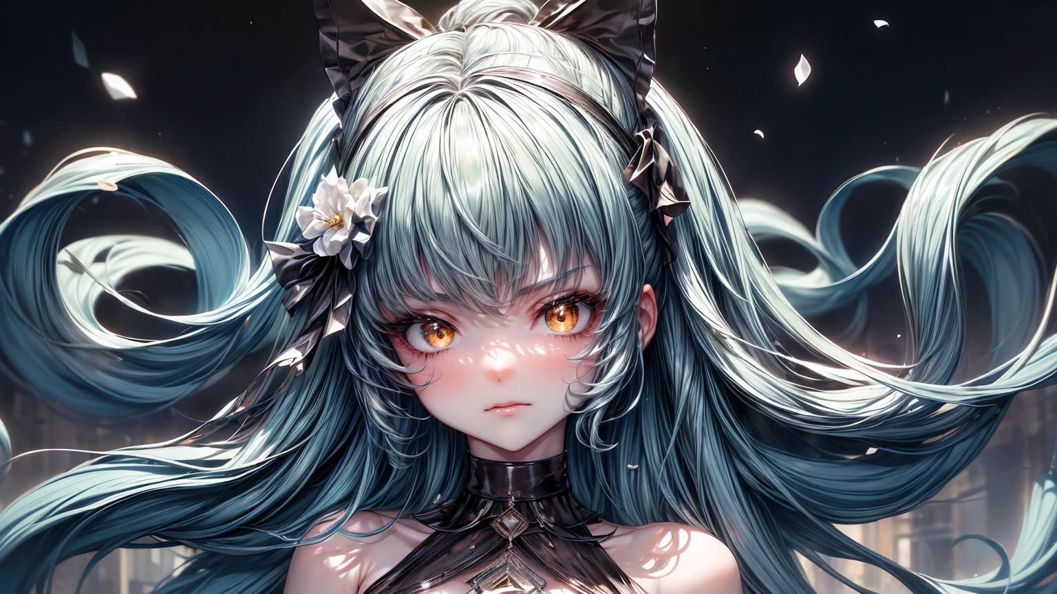 ((((Obra maestra, La mejor calidad, ultrahigh resolution)))), 1girl, standing,), ((long pure aqua hair, hair over eye)), long hair cut, shiny skin, ((golden eyes)), glowing_eyes, neon eyes, (ultra detailed eyes:0.7, beautiful and detailed face, detailed eyes:0.9), ((centered)), smirk, facing viewer, ((vibrant background, dark lighting, summer, sunlight)), large chested, looking at viewer, ((half closed eyes)), ((perfect hands)), (((head:1, arms, hips in view, elbows, in view))), ((hands behind back)), empty eyes, beautiful lighting, ((outside, outdoors)), defined subject, head tilt, (((gritty)), ((creepy)), ((cool)), ((beautiful)), (((SFW))), hair ornament, petals in the air, moon in the sky, city, mature woman, adult woman, sfw, dark blue dress, night dress, she is a princess
