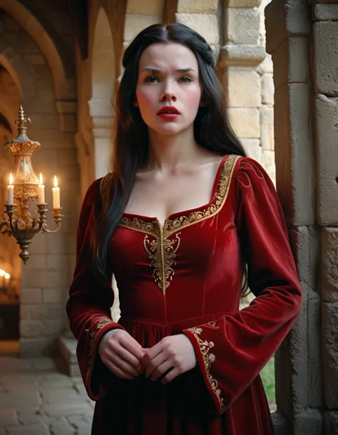 a beautiful young snow white with long flowing dark hair, wearing a flowing red velvet dress with golden embroidery, standing in...