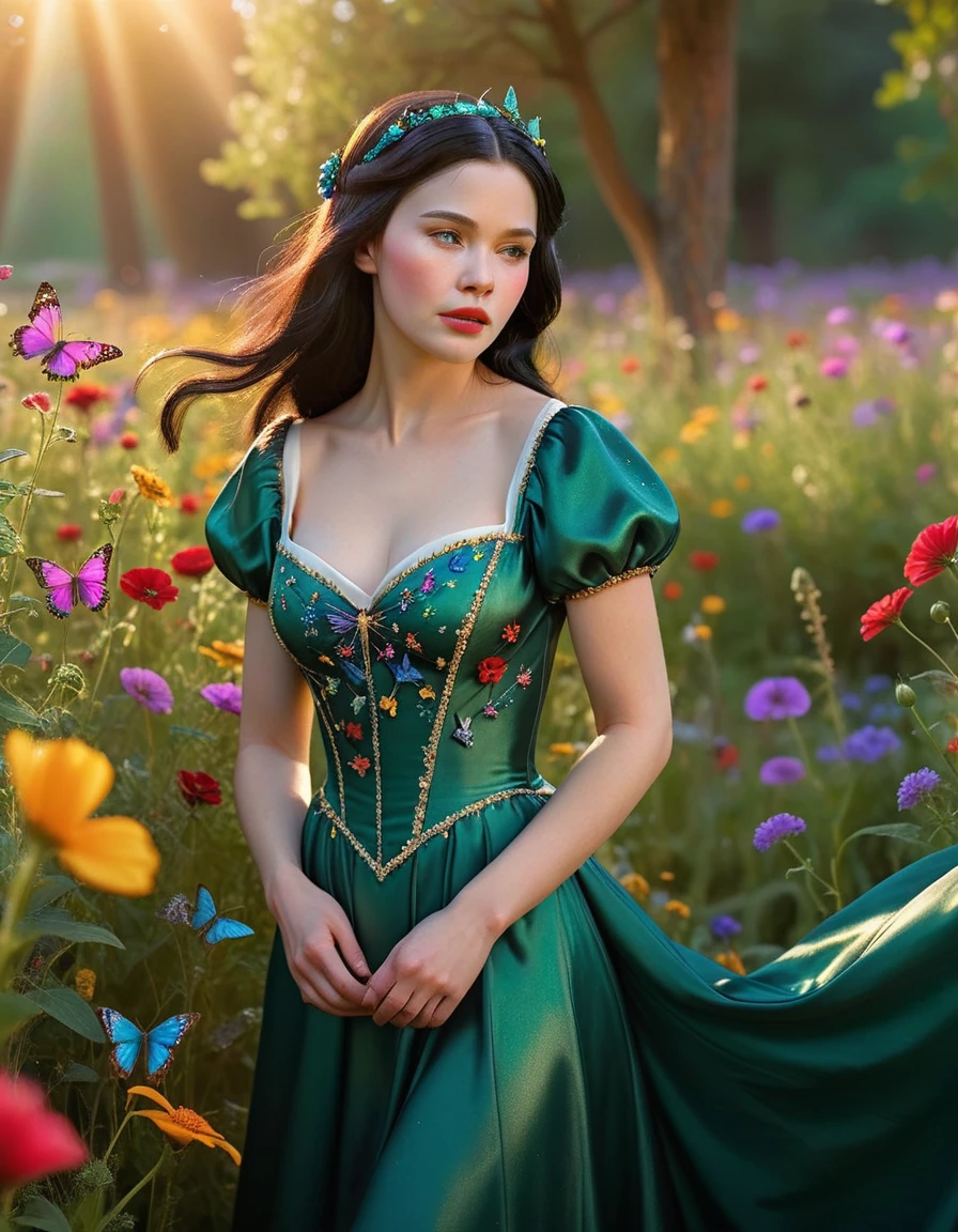 A beautiful young Snow White with long flowing dark hair, wearing a sparkling emerald green gown, standing in a vibrant flower meadow, (best quality,8k,highres,masterpiece:1.2), ultra-detailed, (realistic, photorealistic, photo-realistic:1.37), detailed facial features, porcelain skin, delicate features, colorful wildflowers, butterflies, golden sunlight, dramatic lighting, fantasy, magical, ethereal