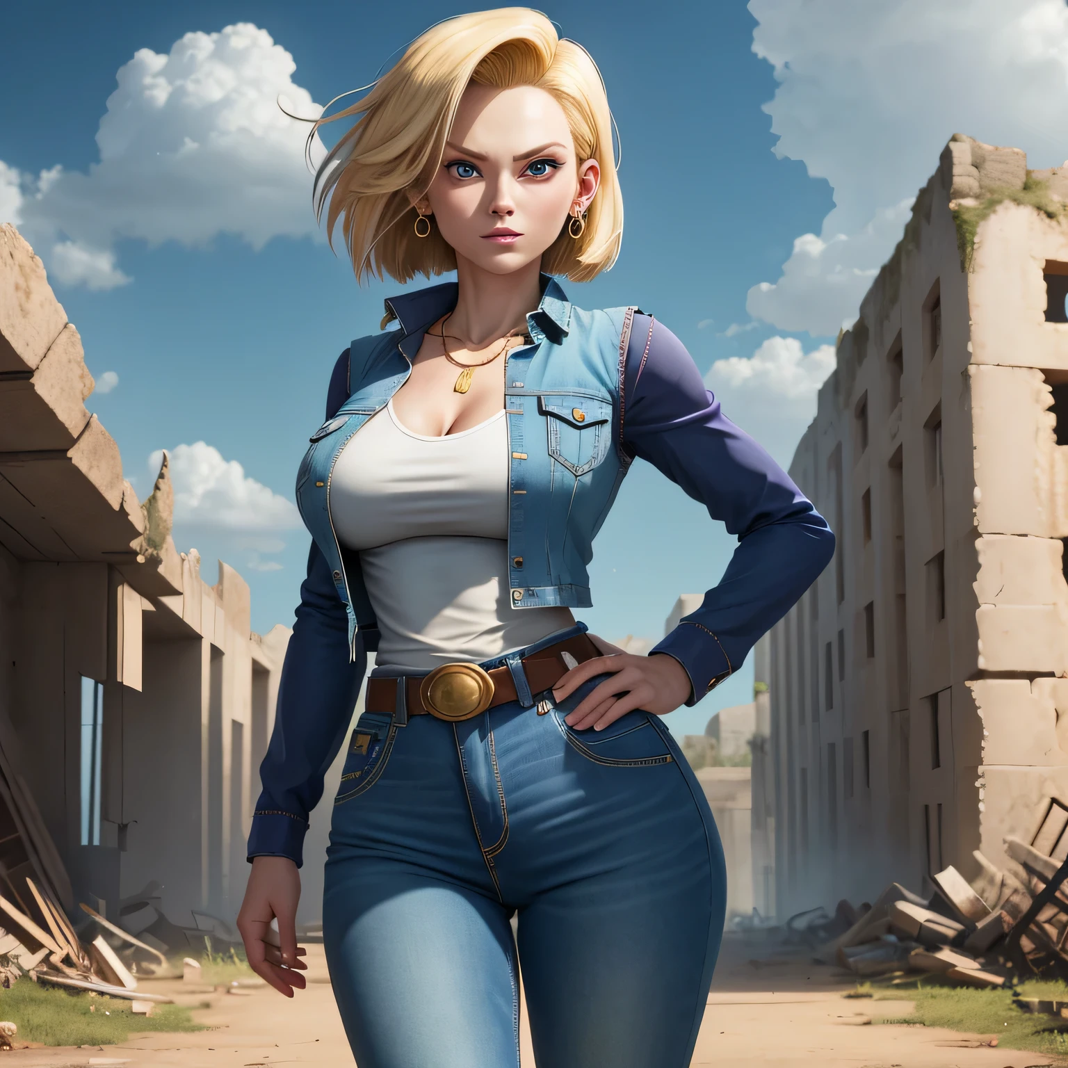 best quality, high resolution, and18, 1girl, android 18, solo, blonde hair, blue eyes, belt, tight jeans, gold necklace, black shirt, short hair, long sleeves, striped sleeves, earrings, open vest, blue vest jeans, big breasts, photo of (weather: windy), walking, long tights, battle ruins, wide hips, thin waist and wide hips