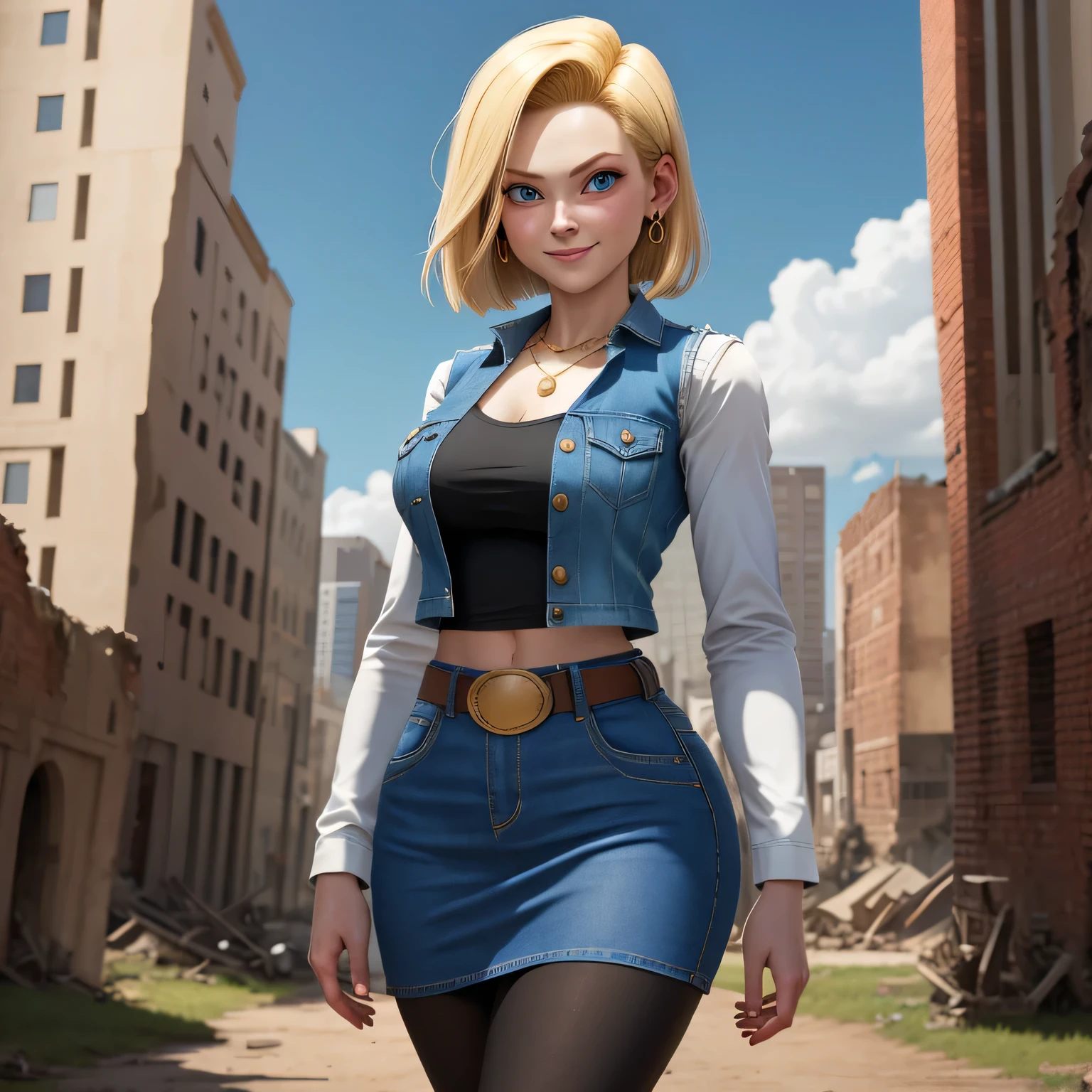 best quality, high-res, and18, 1girl, android 18, solo, blonde hair, blue eyes, belt, tight blue demin skirt, gold necklace, black shirt, short hair, long sleeves, striped sleeves, earrings, open vest, blue denim vest, large breasts, cowboy shot, city park, straight-on, (weather: windy), walking, full length pantyhose, battle ruins, wide hips, shy smile,thin waist and wide hips