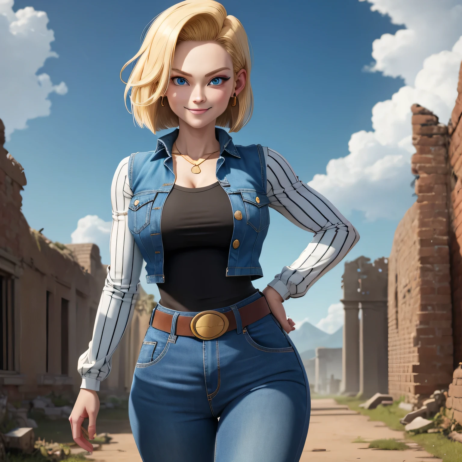 best quality, high resolution, and18, 1girl, android 18, solo, blonde hair, blue eyes, belt, tight jeans, gold necklace, black shirt, short hair, long sleeves, striped sleeves, earrings, open vest, blue vest jeans, big breasts, photo of (weather: windy), walking, long tights, battle ruins, wide hips, shy smile, thin waist and wide hips