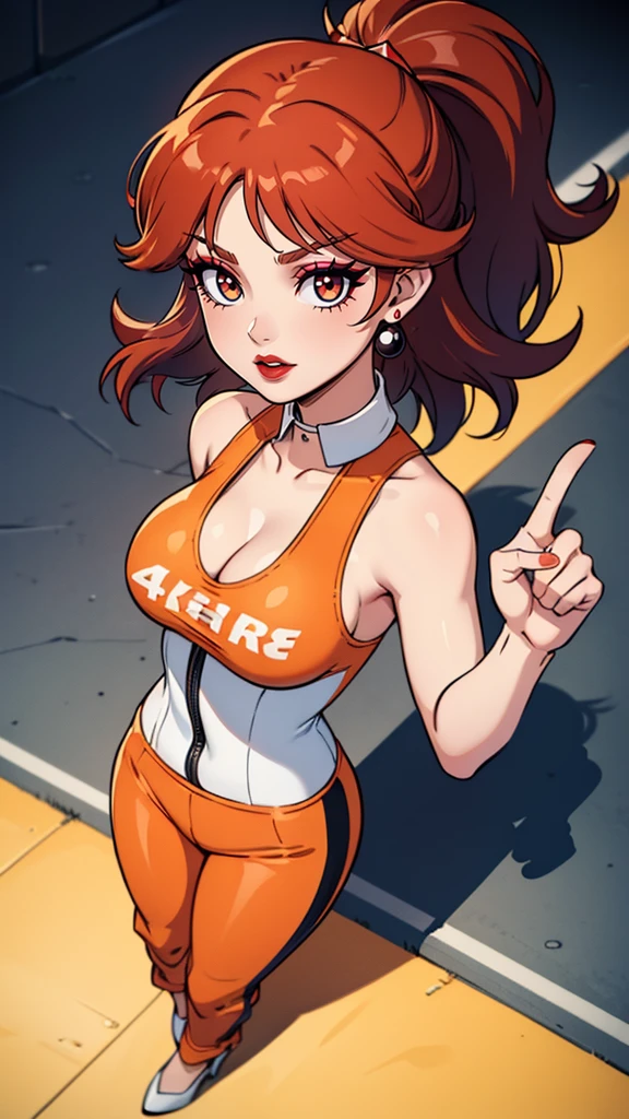 ((high detailed, best quality, 4k, masterpiece, hd:1.3)), (Mario_Kart_speedway), Princess Daisy posing, Daisy_SM, BREAK neon blue eyes, seductive, attractive, sexy smile, smiling, smooth anime cg art, 36C breasts, long legs, vivid colors, detailed digital art, slim body, perfect skin, dark red hair, long red hair, dark hair, red hair, BREAK crown, cleavage, 36C cleavage, looking at viewer, BREAK looking at viewer, extremely detailed face, (orange and white jumpsuit), (Jumpsuit:1.5), (orange and white racing suit), (racing suit:1.5), (high heels), full body, earrings, gem, dark black makeup lips, dark gothic eyeshadows, dark eyeshadows, black eyeshadows, black sexy lips, red lips, dark red lips, very dark red lips, detailed lips, detailed red lips, red painted lips, gothic painted lips, (thin_lips), (very thin lips), dark gothic eyeshadows, dark eyeshadows, black eyeshadows, (perfect hands, perfect anatomy), black makeup, detailed fingers, five fingers per hand, 5 fingers, (1 girl), detailed lips, BREAK night, (breast focus), (breasts out:1.3), (from above:1.3), (arms outstretched:1.3),