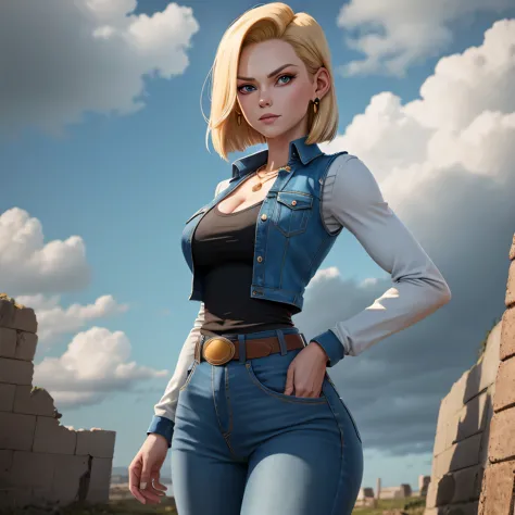 best quality, high resolution, and18, 1girl, android 18, solo, blonde hair, blue eyes, belt, tight jeans, gold necklace, black s...