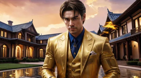 a man in front of a mansion full of gold coins falling from the sky, ultra detailed image, 真实感, 8K, hyper detailed skin, intense...