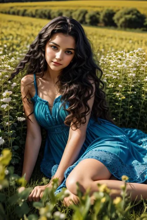 Teenage girl, long curly black hair, green eyes, light makeup, wearing a blue beautiful dress, posing in a sunny flower field, s...