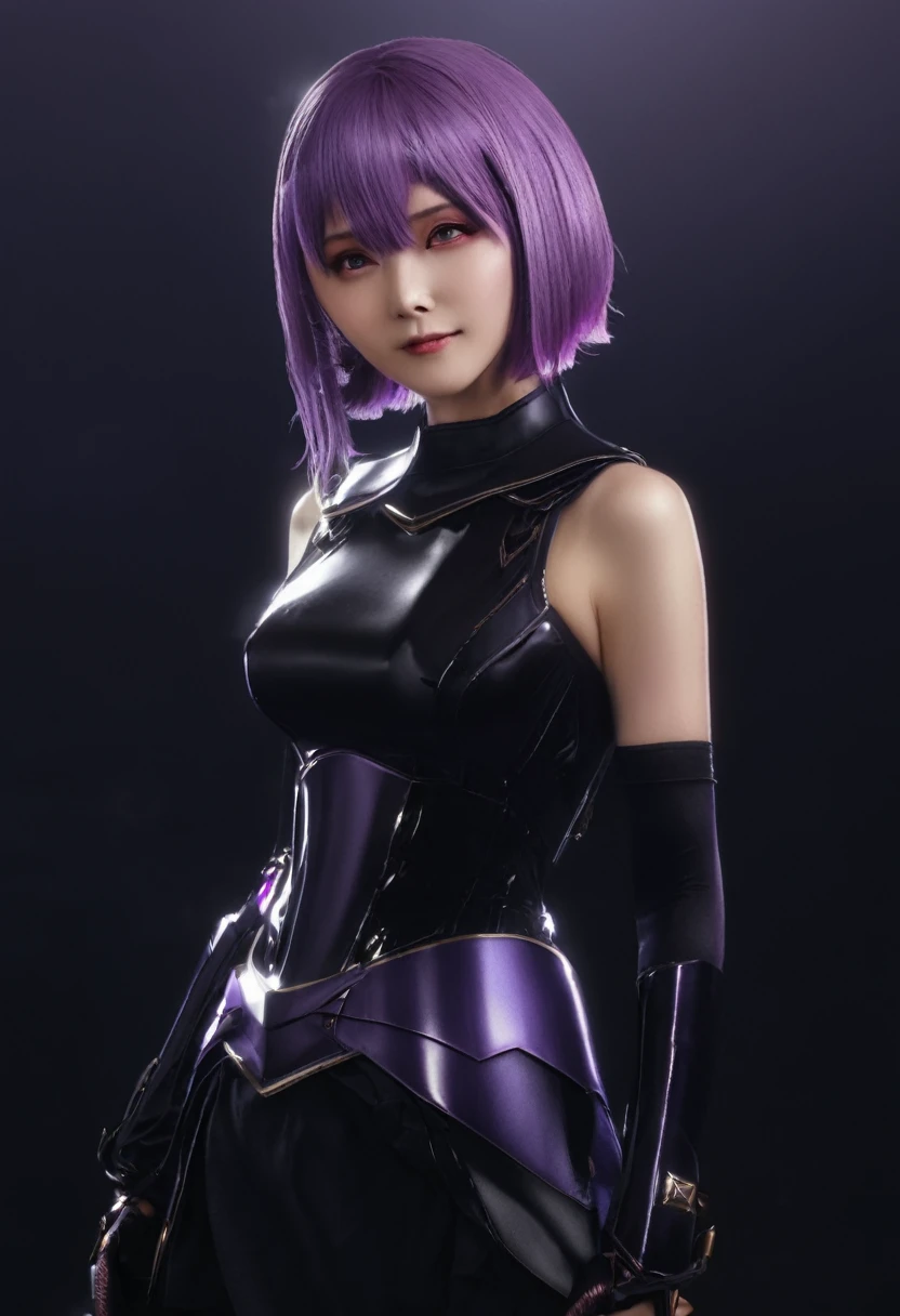 full body, masterpiece, best quality, 1girl, (detailistic), dark armor, dark cross shield, mash kyrielight, light purple hair, short hair, hair over one eye, smile, slim body, detailed eyes, ultra-detailed, hyper-realistic, 8k, cinematic lighting, dramatic lighting, dramatic atmosphere, intricate details, exquisite details, flawless skin, beautiful face, elegant pose, powerful presence, captivating expression, vibrant colors, stunning contrast