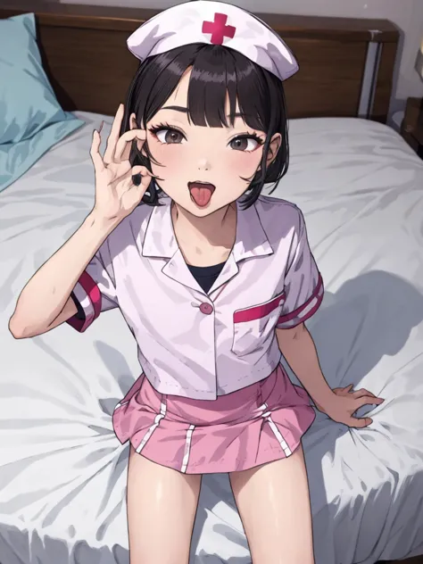 1girl,12yo,,on bed,nurse hat,nurse costume,miniskirt