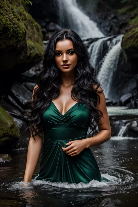 Woman, long curly black hair, green eyes, light makeup, wearing a black beautiful dress, posing in a waterfall, soft lens, photo...