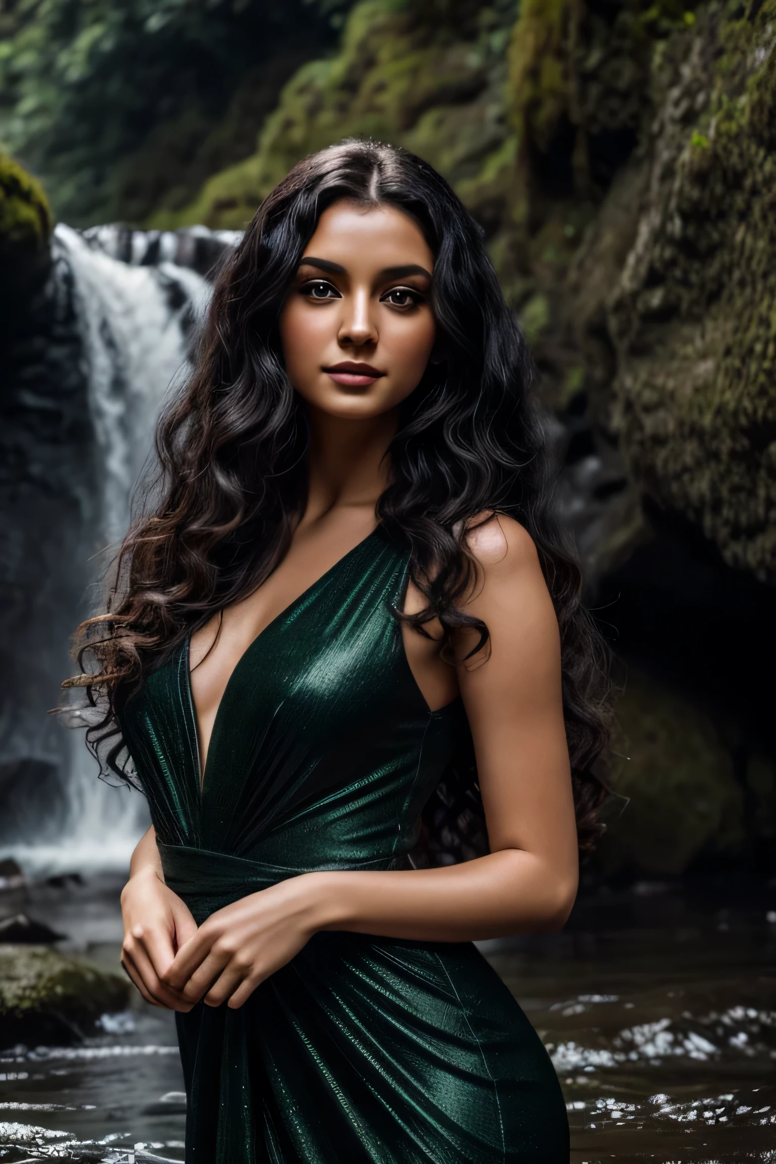 mujer, pelo negro largo y rizado, ojos verdes, maquillaje ligero, usando un hermoso vestido negro, posando en una cascada, lente blanda, retrato fotorrealista