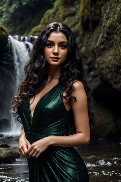 Woman, long curly black hair, green eyes, light makeup, wearing a black beautiful dress, posing in a waterfall, soft lens, photo...