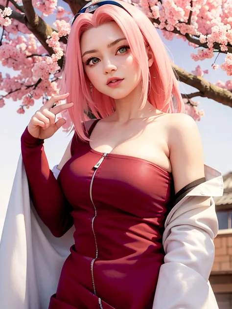 tmasterpiece， best quality at best， 1girll， sakura haruno， large breasts，off-the-shoulder attire，（cleavage)，（upperbody closeup)，...