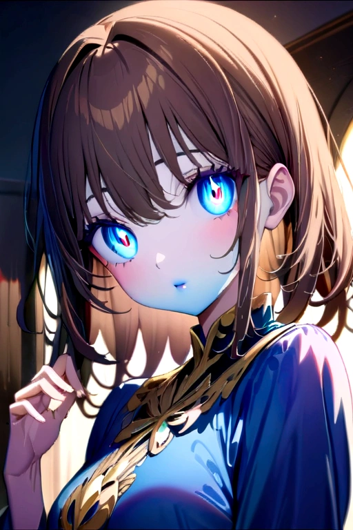 anime girl with brown hair. blue eyes. blue makeup, blue eye shadow. blue painted lips. blue dress. (Masterpiece:1.2), Best Quality, high resolution, unity wallpaper 8k, (illustration:0.8), (Beautiful detailed eyes:1.6), extremely detailed face, perfect lighting, Extremely detailed CG, (perfect hands, perfect anatomy),