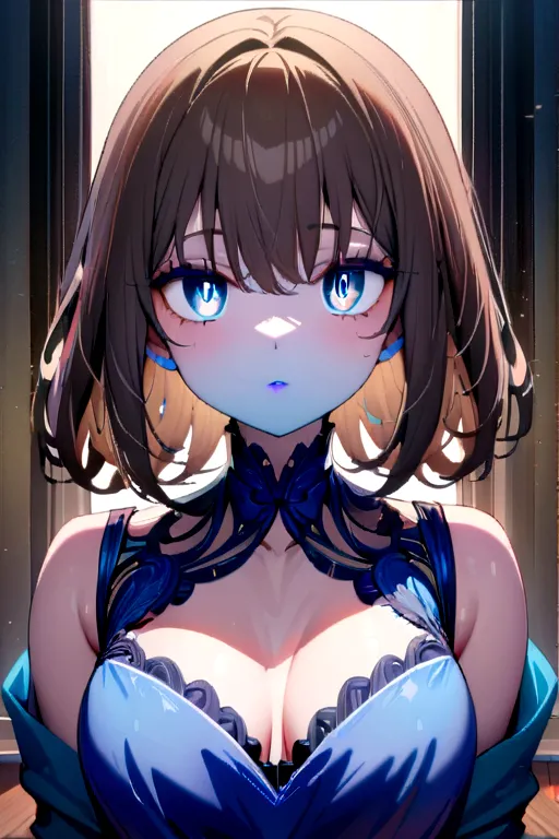 anime girl with brown hair. blue eyes. blue makeup, blue eye shadow. blue painted lips. blue dress. (Masterpiece:1.2), Best Qual...