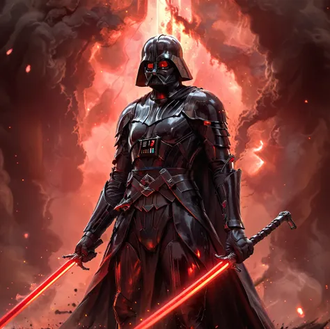 Very dark photo of Darth Vader wielding double swords.. . Red smoke aura