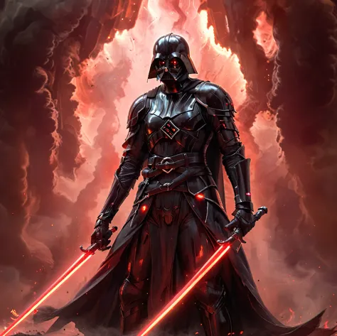 Very dark photo of Darth Vader wielding double swords.. . Red smoke aura