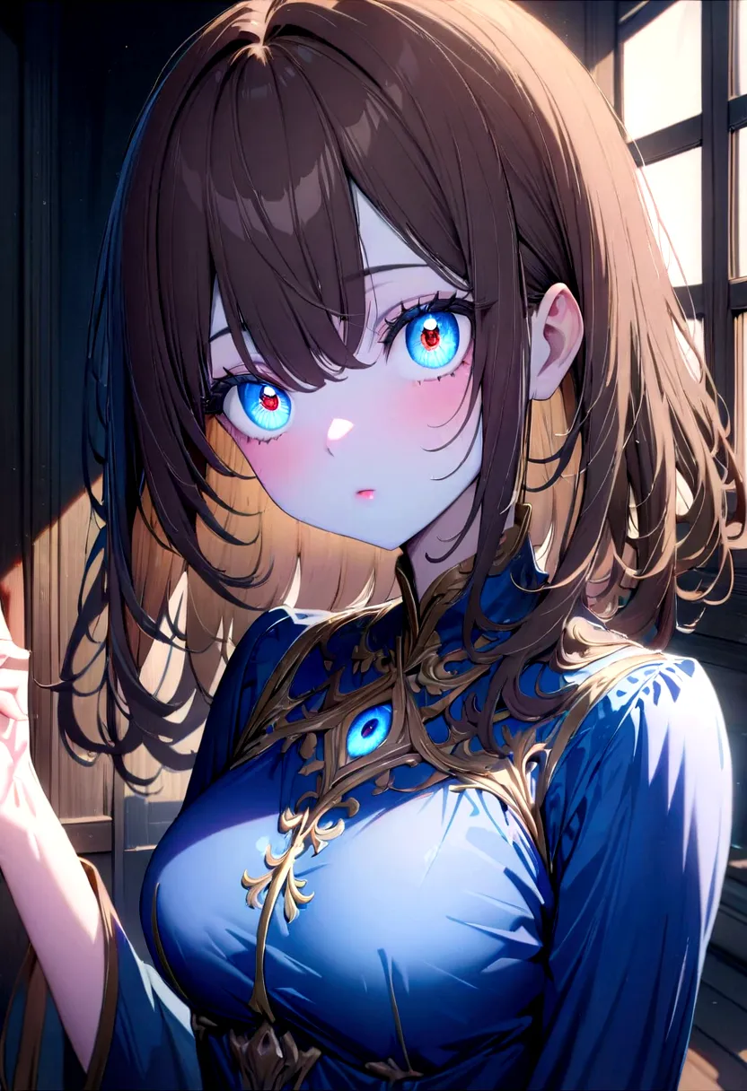 anime girl with brown hair. Blue eyes. blue makeup, blue eye shadow. blue painted lips. blue dress.(Masterpiece:1.2), Best Quali...