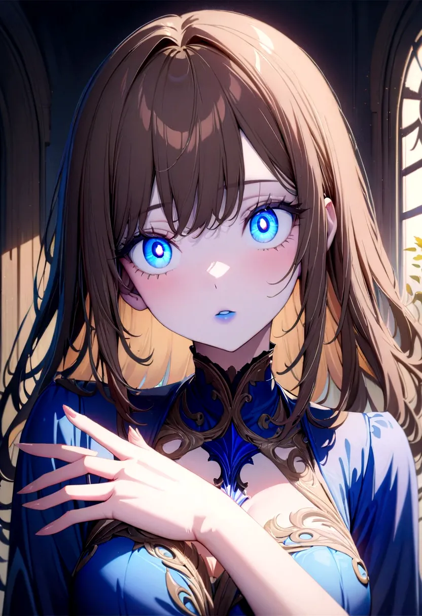 Sexy anime woman with brown hair. blue eyes. blue eye shadow. blue painted lips. blue dress.(Masterpiece:1.2), Best Quality, hig...