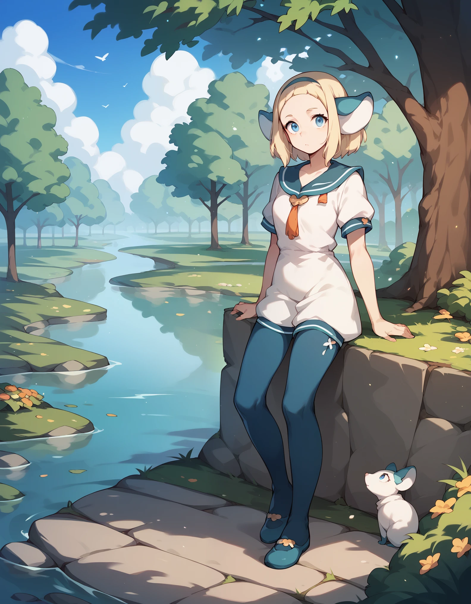 zPDXL,  1girl, bakara jurgen, blonde hair, blue eyes, mouse ears, hairband, uniform, full body, park background, river, in the morning lights