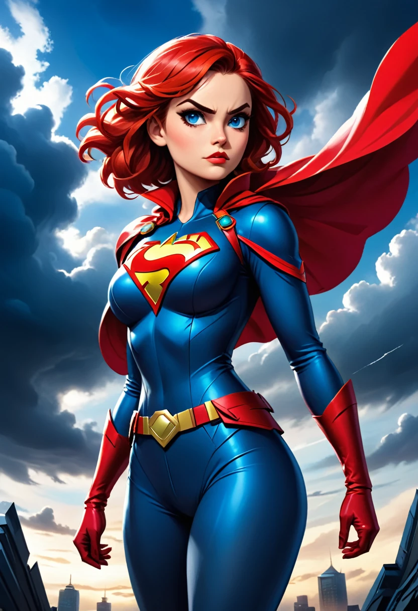 The image depicts a young woman with vibrant red hair, standing confidently against a dramatic sky filled with dark clouds. She is dressed in a striking superhero costume, predominantly in shades of blue and red, with a prominent emblem on her chest. The costume is detailed, featuring a belt with a buckle and a cape that adds to her heroic appearance. Her gaze is directed off to the side, and her expression is serious, suggesting a sense of determination and readiness for action. The overall composition of the image, with the contrast between her bright costume and the ominous sky, conveys a narrative of a powerful figure standing against adversity.