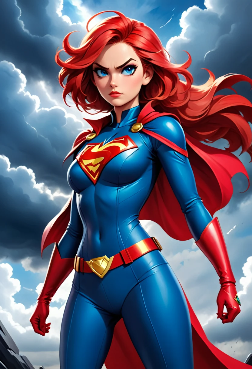 The image depicts a young woman with vibrant red hair, standing confidently against a dramatic sky filled with dark clouds. She is dressed in a striking superhero costume, predominantly in shades of blue and red, with a prominent emblem on her chest. The costume is detailed, featuring a belt with a buckle and a cape that adds to her heroic appearance. Her gaze is directed off to the side, and her expression is serious, suggesting a sense of determination and readiness for action. The overall composition of the image, with the contrast between her bright costume and the ominous sky, conveys a narrative of a powerful figure standing against adversity.