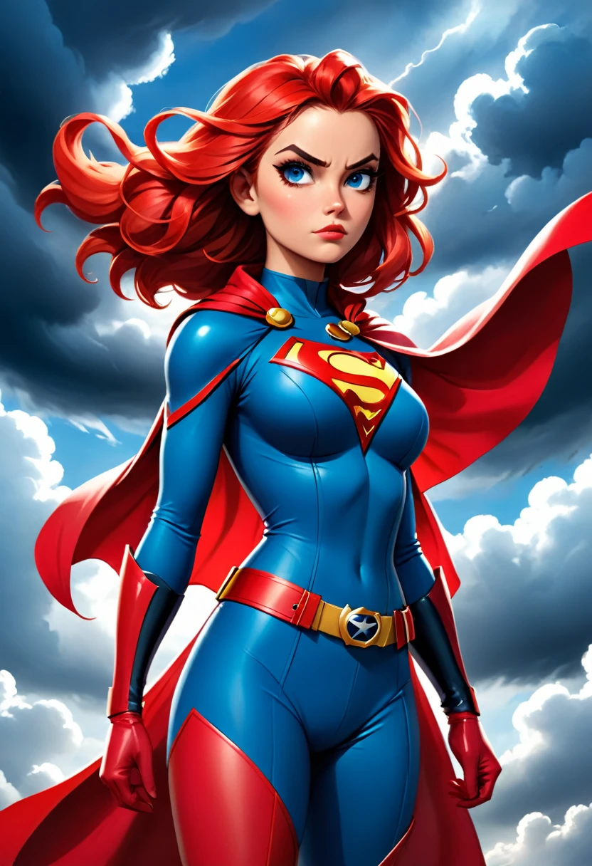 The image depicts a young woman with vibrant red hair, standing confidently against a dramatic sky filled with dark clouds. She is dressed in a striking superhero costume, predominantly in shades of blue and red, with a prominent emblem on her chest. The costume is detailed, featuring a belt with a buckle and a cape that adds to her heroic appearance. Her gaze is directed off to the side, and her expression is serious, suggesting a sense of determination and readiness for action. The overall composition of the image, with the contrast between her bright costume and the ominous sky, conveys a narrative of a powerful figure standing against adversity.