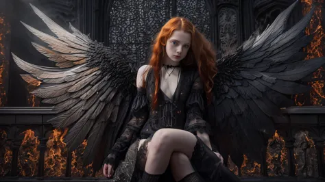 (Laia Manzanares ginger hair teen girl,13 years old with stunning gothic black archangel wings in fire:1.6),  (naked, nude:1.8),...