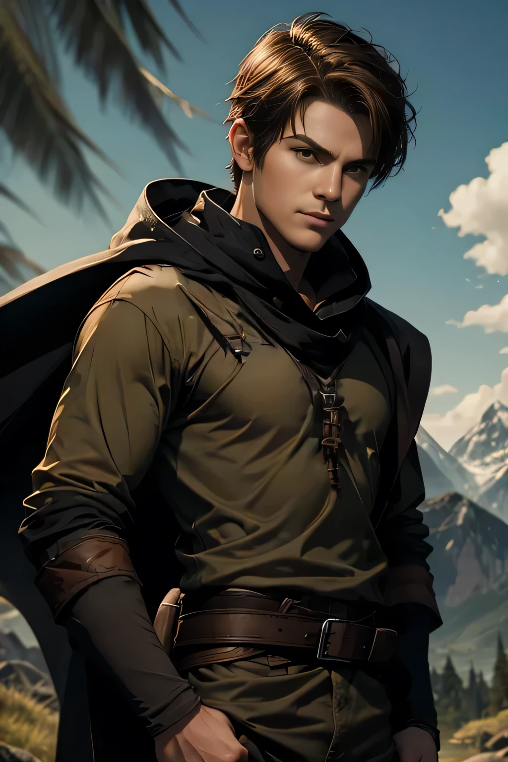 adventurer, Narrow Face, pointed chin, Brown hair, brown eyes, epic Fantasie character concept art, young adult, no beard, short haircut, slim stature, black hooded cape, Hiking clothing fabric , no bracers, single belt