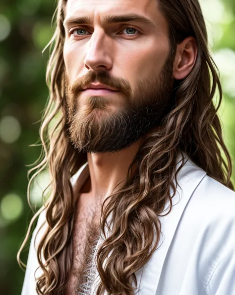 (symmetry),centered,a ((close)) up portrait,(Jesus),a very thin white man with long hair and a beard, handsome, wearing a long w...
