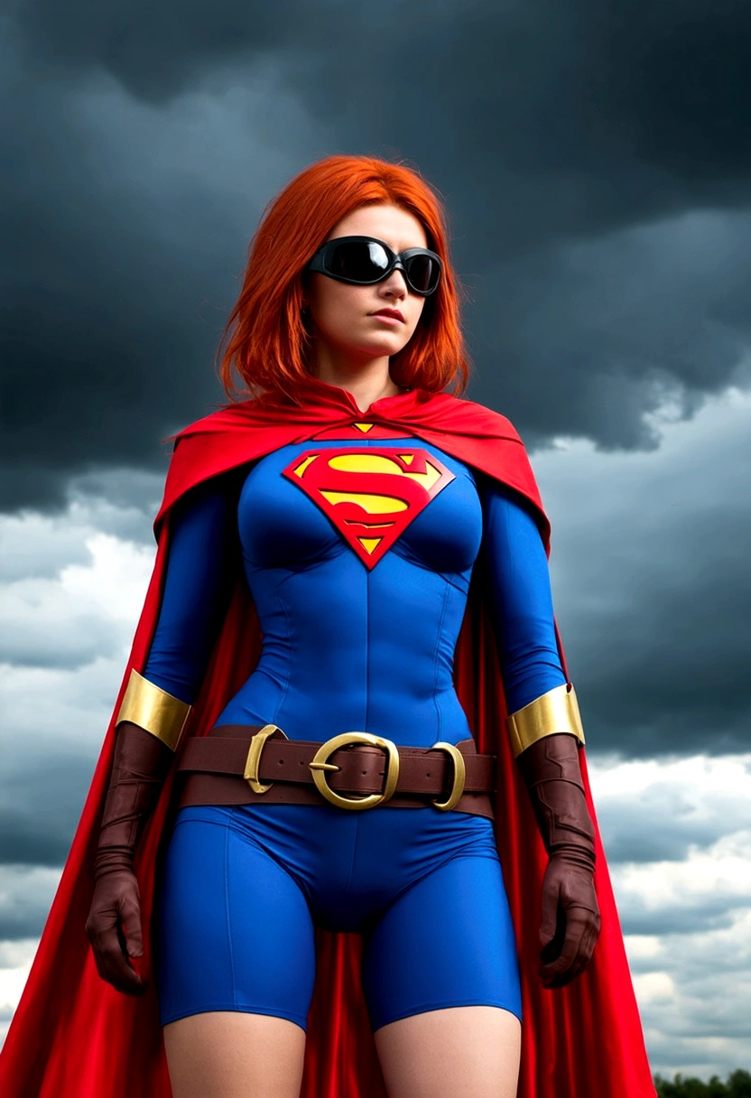 The image depicts a young woman with vibrant red hair, standing confidently against a dramatic sky filled with dark clouds. She is dressed in a striking superhero costume, predominantly in shades of blue and red, with a prominent emblem on her chest. The costume is detailed, featuring a belt with a buckle and a cape that adds to her heroic appearance. Her gaze is directed off to the side, and her expression is serious, suggesting a sense of determination and readiness for action. The overall composition of the image, with the contrast between her bright costume and the ominous sky, conveys a narrative of a powerful figure standing against adversity.