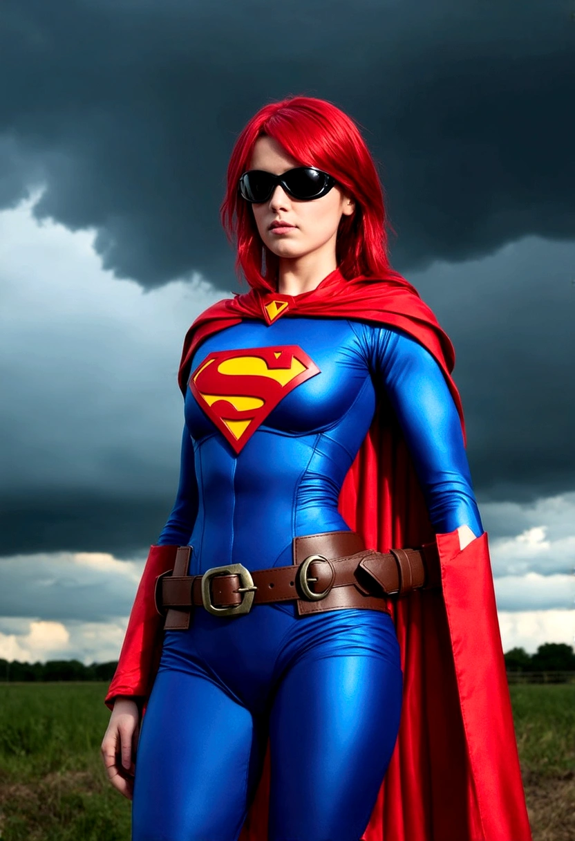 The image depicts a young woman with vibrant red hair, standing confidently against a dramatic sky filled with dark clouds. She is dressed in a striking superhero costume, predominantly in shades of blue and red, with a prominent emblem on her chest. The costume is detailed, featuring a belt with a buckle and a cape that adds to her heroic appearance. Her gaze is directed off to the side, and her expression is serious, suggesting a sense of determination and readiness for action. The overall composition of the image, with the contrast between her bright costume and the ominous sky, conveys a narrative of a powerful figure standing against adversity.