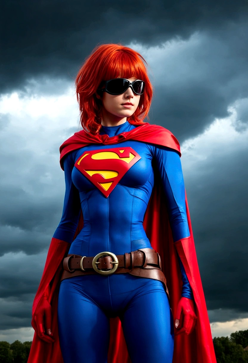 The image depicts a young woman with vibrant red hair, standing confidently against a dramatic sky filled with dark clouds. She is dressed in a striking superhero costume, predominantly in shades of blue and red, with a prominent emblem on her chest. The costume is detailed, featuring a belt with a buckle and a cape that adds to her heroic appearance. Her gaze is directed off to the side, and her expression is serious, suggesting a sense of determination and readiness for action. The overall composition of the image, with the contrast between her bright costume and the ominous sky, conveys a narrative of a powerful figure standing against adversity.