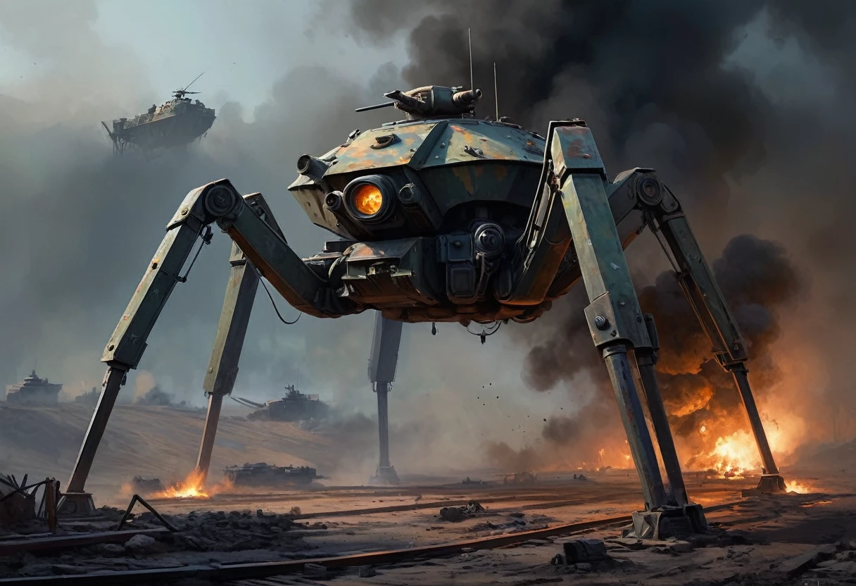 concept art, Clockworkspider tank walker from the First World War . Oil painting on trend, muted colors, slate tones, brush strokes, puffy marks, hydraulics, sharp areas next to smooth areas, dark next to light, soft next to hard, explosion of colorful paint, ridges of thick paint creating shadows and thick texture . , smoky grainy areas next to smooth open areas, a sense of three-dimensionality, abstraction of detail in color and shape, ((oily texture with clumps of paint)). . magnificent, heavenly, evil, cinematic, epic, majestic, magical, fantasy photos, covers, gritty and realistic