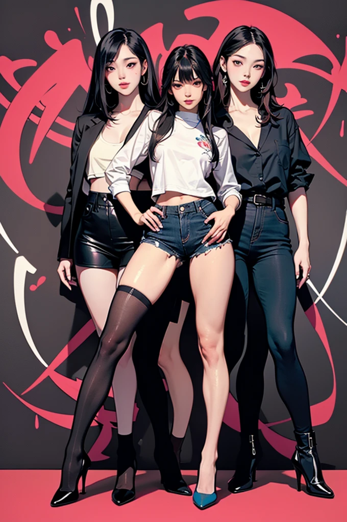 ((masterpiece, high quality, best quality, 8k, wallpaper, detailed, realistic)), 2girls, korean popstar, thighhighs, high heels, long legs, black hair, pretty hands, fringe, full body, (multiple girls:1.4), simple red background, palm trees,  (graffiti wall:1.2), muscular, strong, courageous 