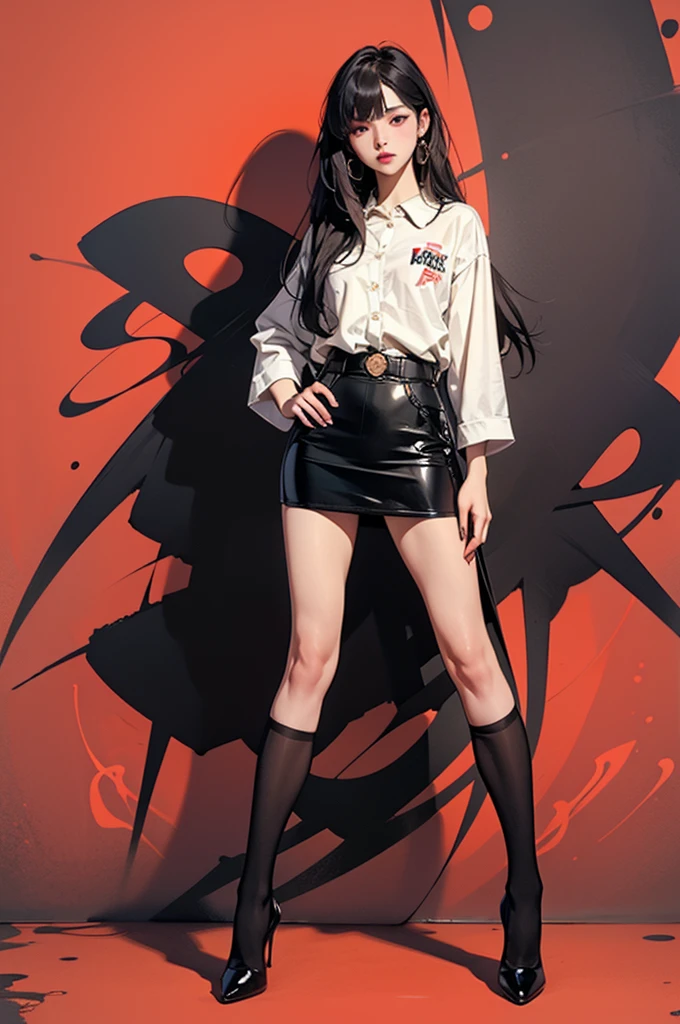 ((masterpiece, high quality, best quality, 8k, wallpaper, detailed, realistic)), 2girls, korean popstar, thighhighs, high heels, long legs, black hair, pretty hands, fringe, full body, (multiple girls:1.4), simple red background, palm trees,  (graffiti wall:1.2), muscular, strong, courageous 