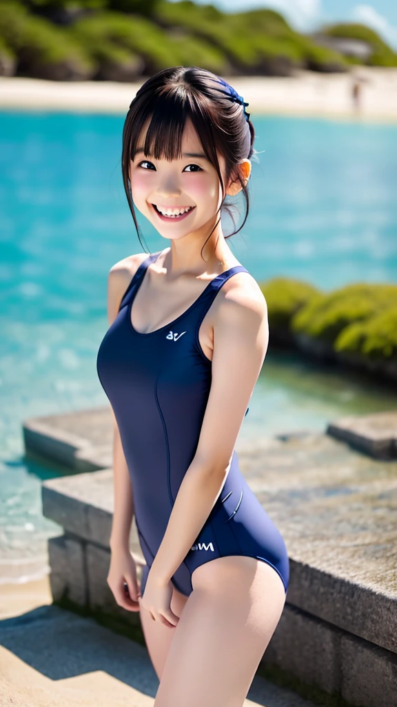 1 female,3d anime,kawaii,12year old,very long wet heir,Lustrous hair,Bob Hair,Random Poses,Random attire,Being at sea,wearing a swimming wear,(((Navy blue plain school swimsuit)))、Dark blue and one-piece school swimsuit,Square white name tag on chest,Wearing a school swimsuit,Laughing,Okinawa's seaside、White sand beach、Beautiful cobalt blue sea