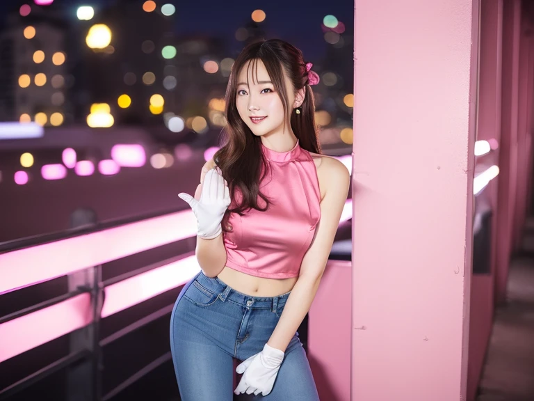  Woman wearing pink top and jeans hotpants,  Young and pretty girl, 全身Cute young woman, Wearing satin gloves。Beckon。Downtown at night, Shoulder-length hair and a red shirt, Cute young girl, Good young girl, Cute young woman,　Beauty、 lure、Exciting、Functional、Taunt