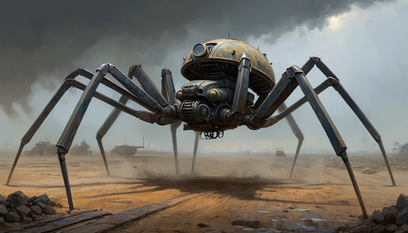 concept art, car_ walker Clockworkspider from the First World War. Oil painting trend, muted colors, slate tones, brush strokes plump marks, hydraulics dark next to light, soft next to hard paint ridges of thick paint grainy areas next to smooth open areas, a sense of three-dimensionality in color and shape oily texture with clumps of paint