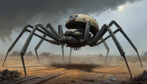concept art, car_ walker Clockworkspider from the First World War. Oil painting trend, muted colors, slate tones, brush strokes ...