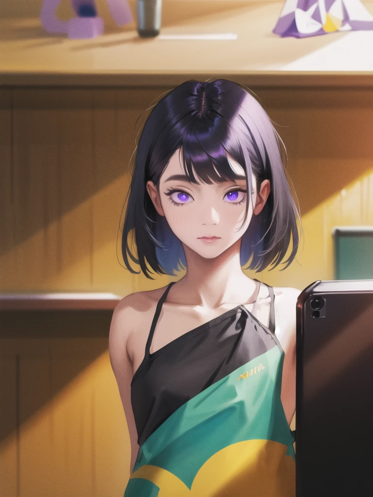 best quality,masterpiece,highres,1girl, Black hair, eyes purple