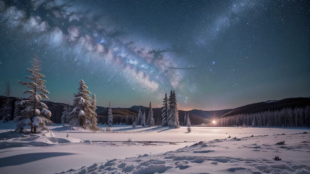 ((Highest quality, 8K, masterpiece, Photorealism, RAW Photos, Highest quality)), snow and ice covered trees against night galaxy sky, supernova at sky, Nebula Sky, Clear winter night、Starry Sky, snowy trees, cannon snowy trees, winter snow, snow, pale as the first snow of winter, Giant white tree in winter, snowy winter, winter in snow, Branches reach the sky, snow falls on trees and ground, View from below, Cold snow, Ultra-realistic, High-resolution realism, Realistic photos, Professional Color Correction, Shot with Canon EOS 5D Mark IV  , Milky Way and Aurora in the Sky, Nebula Sky