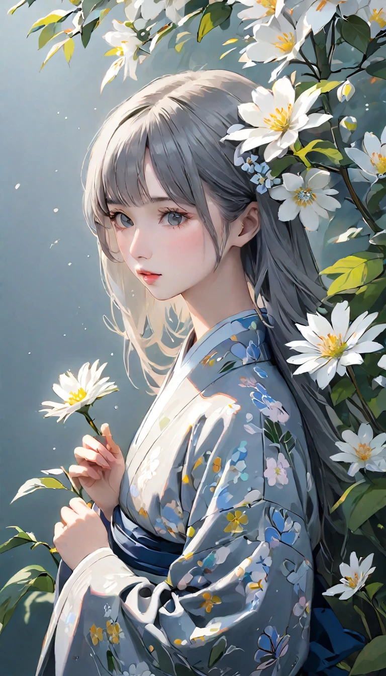 (((gray floral background:1.3)))、Highest quality, Tabletop, High resolution, (((One Girl))), 16 years old,(((eyes are gray:1.3)))、Gray kimono、((美しいGray kimono)), Tyndall effect, Realistic, Shadow Studio,Ultramarine Lighting, Dual Tone Lighting, (High resolutionスキン: 1.2)、Pale colored lighting、Dim lighting、 Digital SLR, photograph, High resolution, 4K, 8K, Background Blur,Beautiful fade out、gray flower world