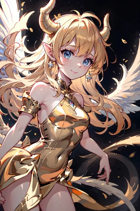 humanoid dragon girl flying with golden wings