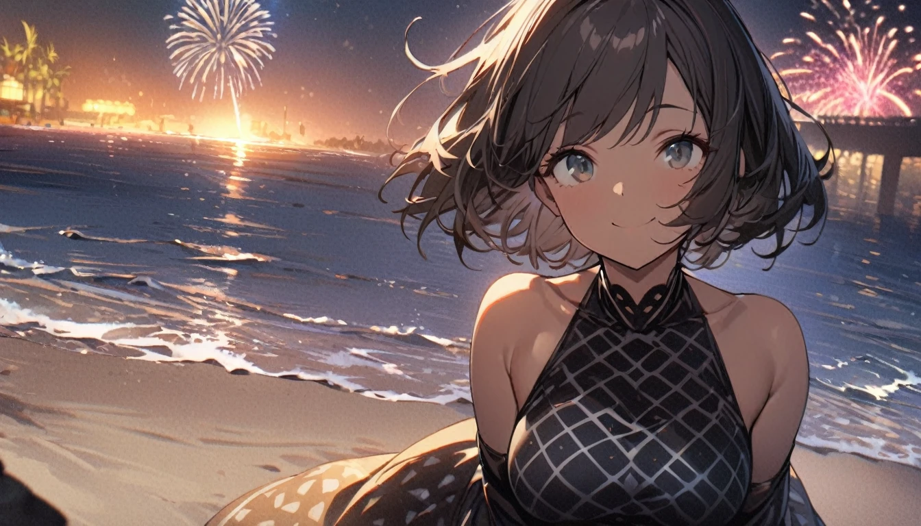 1girl from afar, expressive eyes, sunglass, smile, black patterned clothes dress, contemplate the sky, big beach with fireworks in the sky in background, detail richness, masterpiece, best quality 