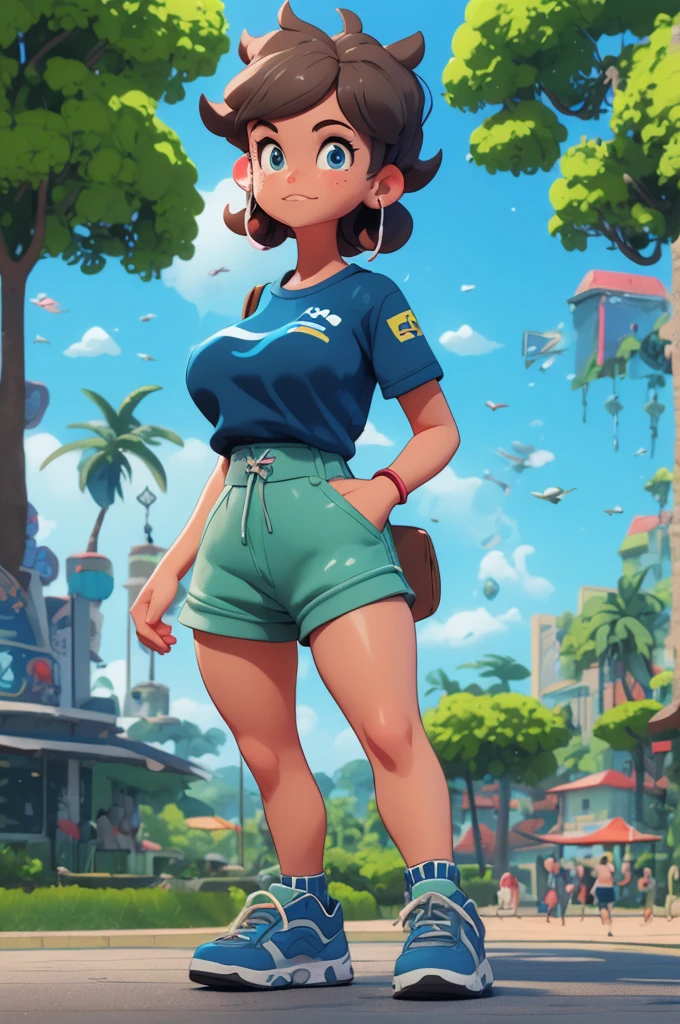 tanned, energetic, athletic, mature woman, gray short hairstyle, blue eyes, big breasts, big ass, ear rings, green sports t-shirt, blue sports shorts, tight, black sports shoes, on a walk, in a park, ecchi anime , cinematic, dramatic, masterpiece, dynamic view, full body,
